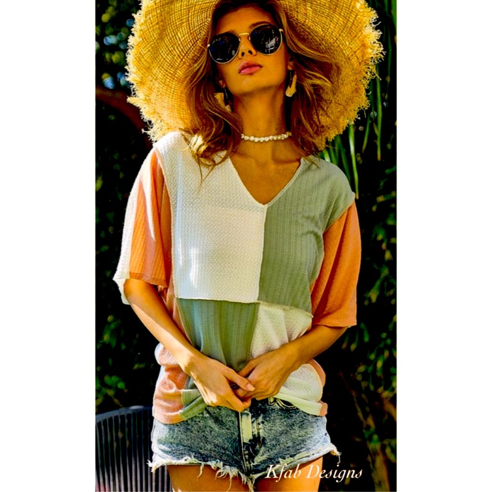 B79🧡🤍Customer fave color block v-neck waffle weave top perfect4 desk2date!